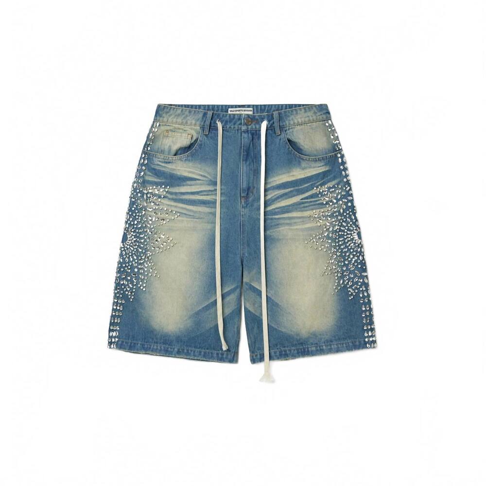 NEW VALE FOREVER men’s sirens crystal jorts streetwear denim shorts in blue